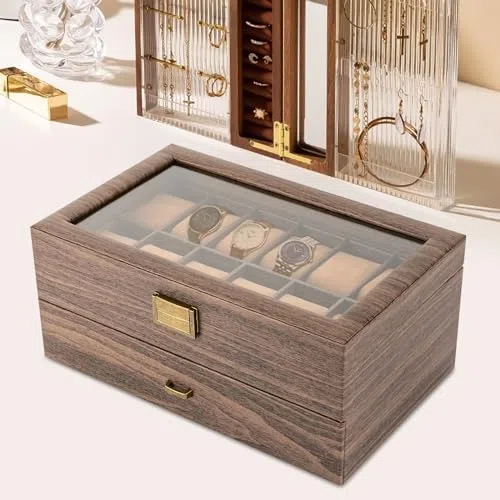Caja de reloj con 24 ranuras, almacenamiento de madera de 2 niveles con parte superior de cristal para joyas y accesorios, organizador para hombres