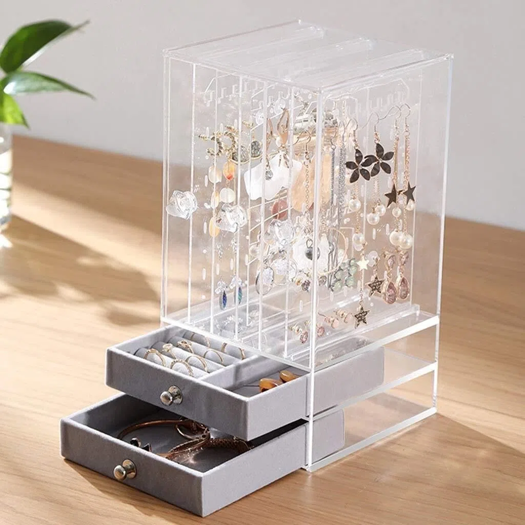 Organizador de Joyas de acrílico con 2 cajones y 3 colgadores para Pendientes, Transparente para Anillos, Collares y Pulseras.