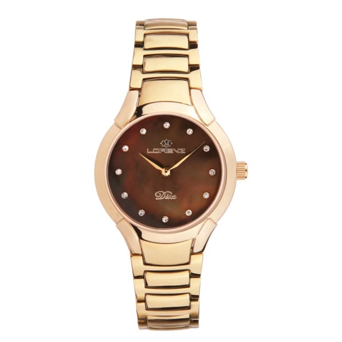Lorenz Diva Pearl 030281FF - Reloj clásico de mujer de cuarzo - Reloj de acero laminado oro con esfera de nácar y diamantes - Estuche de madera con logotipo Diva