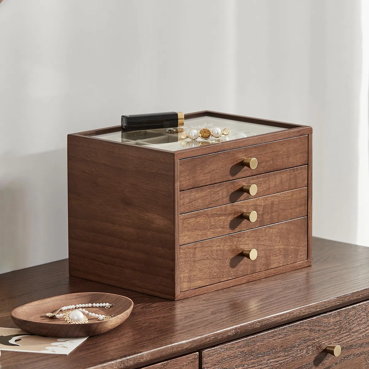 Joyero de madera de nogal negro, organizador grande de 4 cajones con tapa de cristal para guardar collares, relojes, anillos y pendientes, Regalo para Ella