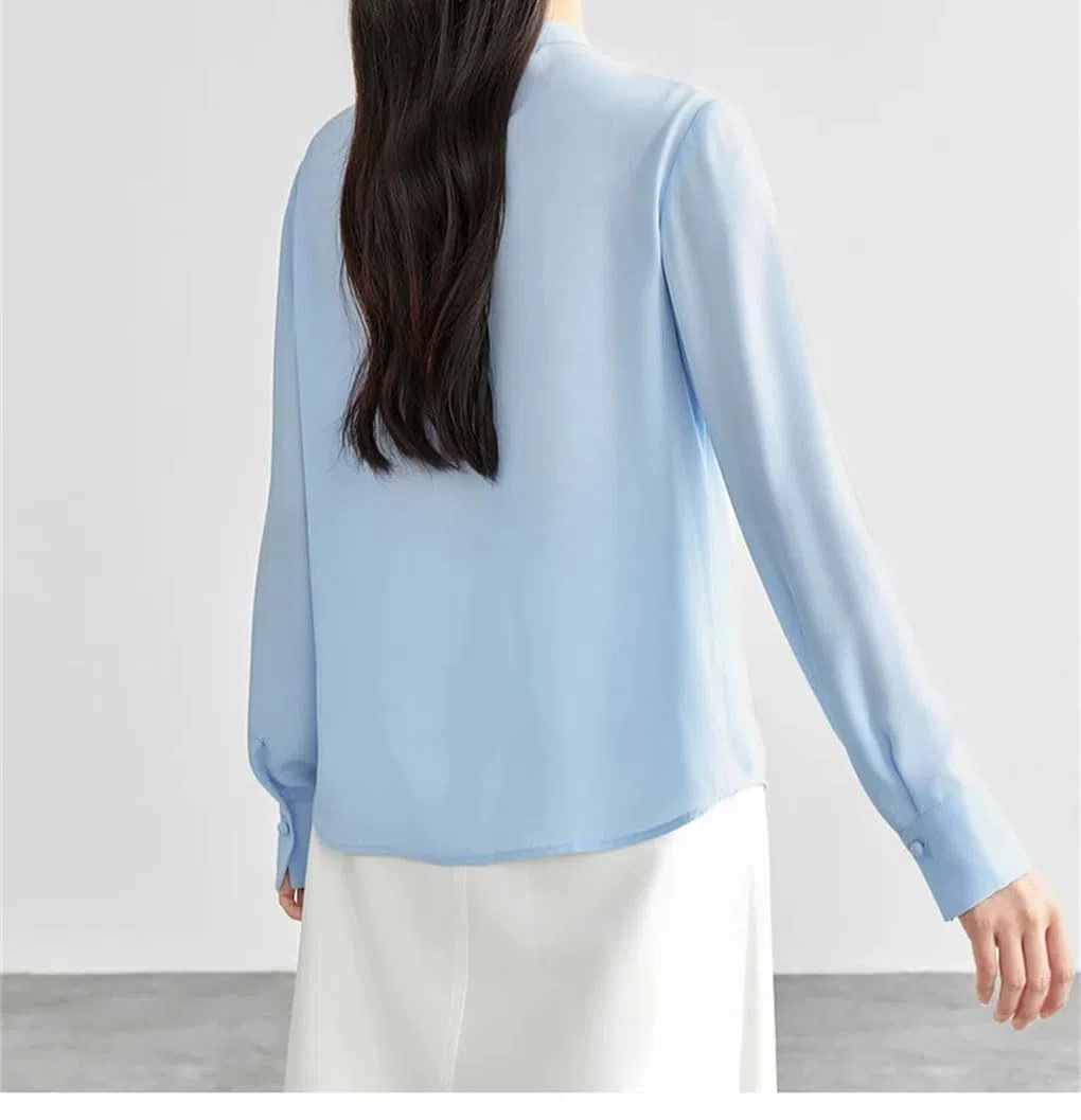 Blusa de gasa para mujer, con lazo, suelta, cuello alto, camisetas sin botones, camisas de oficina y trabajo