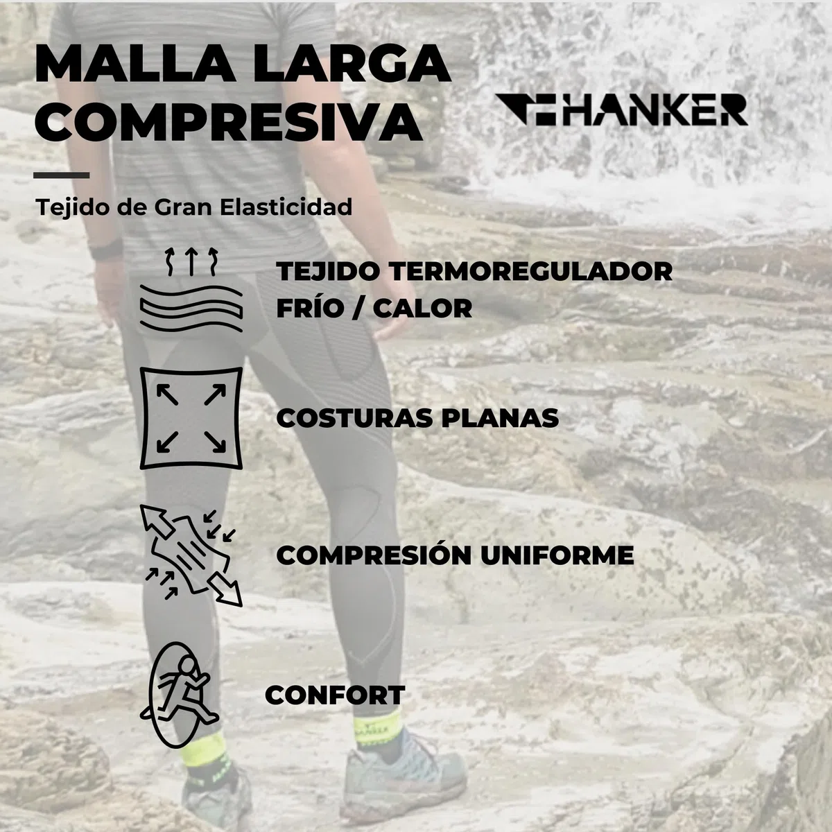 HANKER Mallas largas de compresión Unisex con Bolsillos para Running y Gym | 85% poliéster Soft Air Plus, 10% elastano, 5% poliamida, bolsillos, ajuste compresivo, para gym y trail