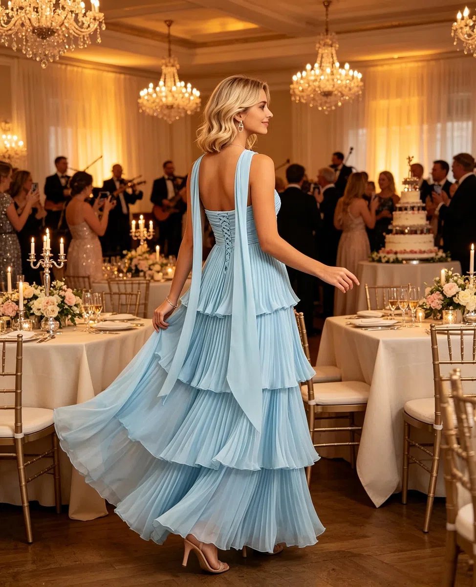 Vestidos largos de dama de honor de gasa sin tirantes escalonados con bufanda | Vestidos de graduación para mujer, vestido de invitada de boda, maxi plisado, formal, vestido de fiesta de noche con bufanda