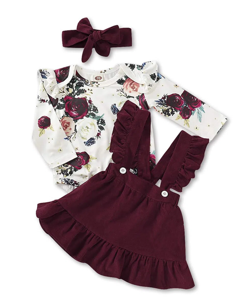 Ropa de bebé recién nacido de manga corta Trajes de volantes mameluco superior falda de tirantes para bebé 2 unids niña vestido general - rojo - 12 -18 meses