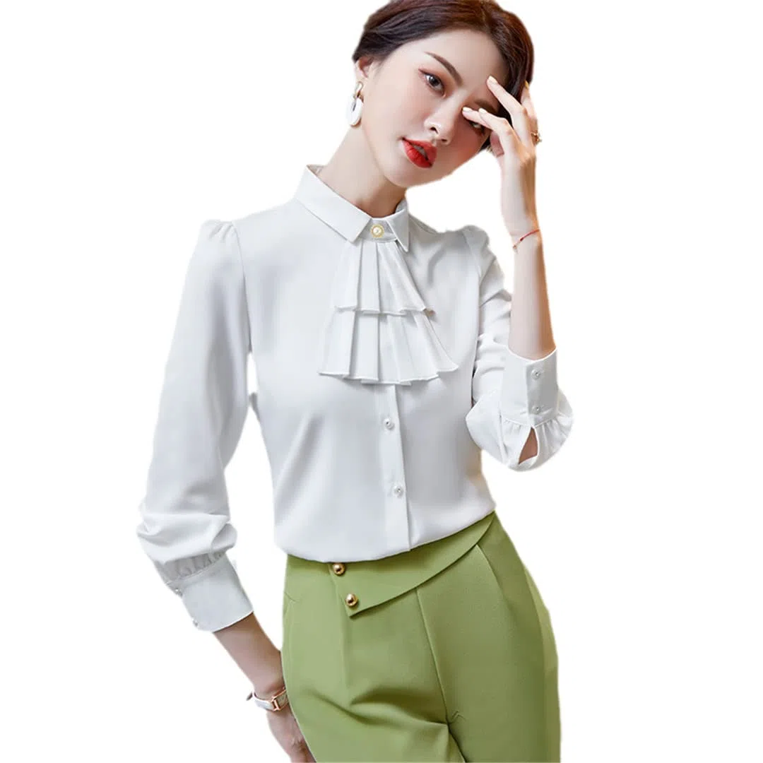 Wvapzxx Elegante camisa de lazo para mujer, cuello vuelto, blusa de manga larga, para oficina, suelta, talla grande