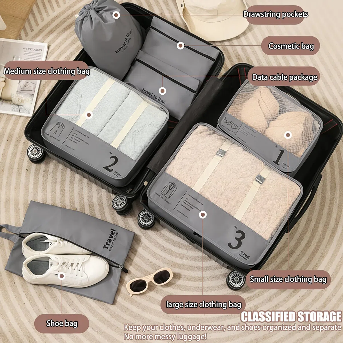 Juego de 7 cubos para maleta, organizadores de equipaje ligeros, accesorios de viaje, organizadores de maleta de compresión y cubos de viaje, para viajes, bolsas de equipaje para ropa