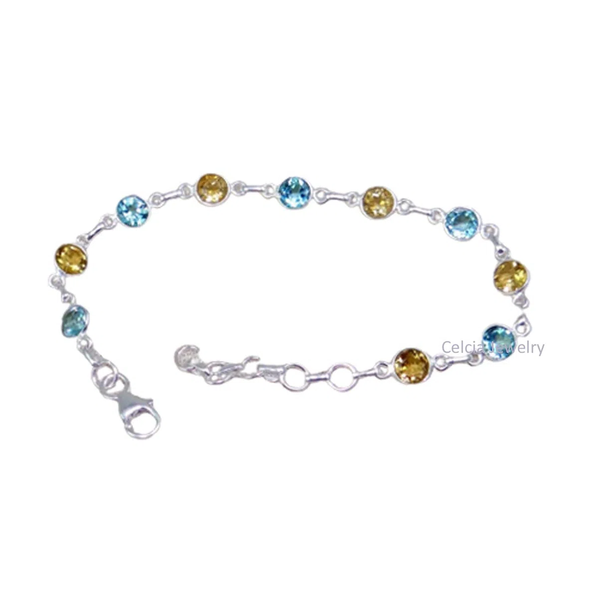 Pulsera de plata de ley 925 maciza para hombres y mujeres, topacio azul genuino y citrino, múltiples piedras preciosas, pulsera única hecha a mano para ella
