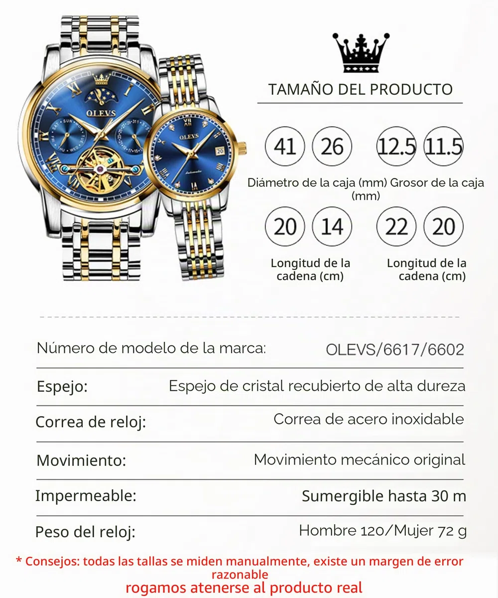 OLEVS Juego de Relojes para Parejas con Cuerda automática mecánica automática para Hombres y Mujeres, Luminoso, Impermeable, de Acero Inoxidable