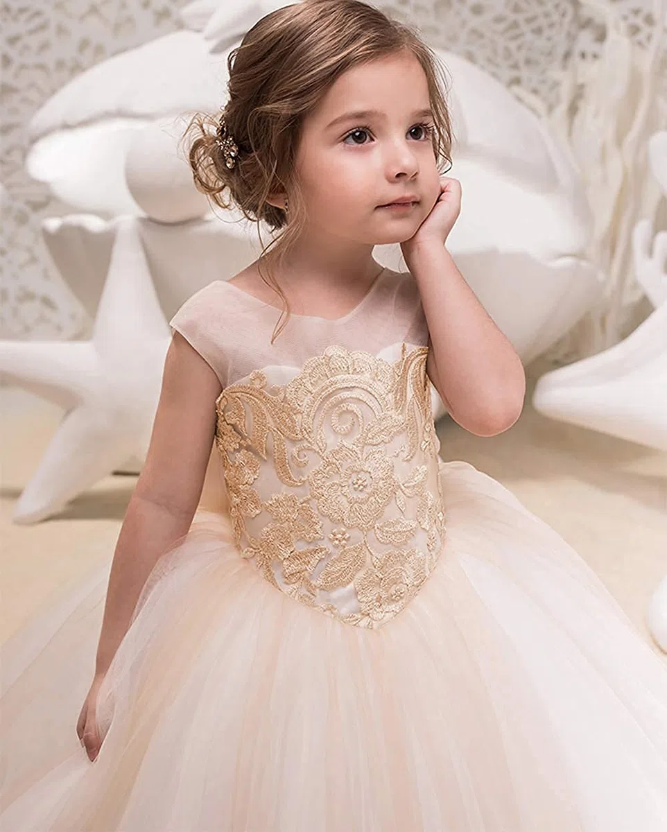 PLWEDDING apliques de encaje de fantasía vestido de niña de flores vestido de novia niñas princesa vestido de bola de tul