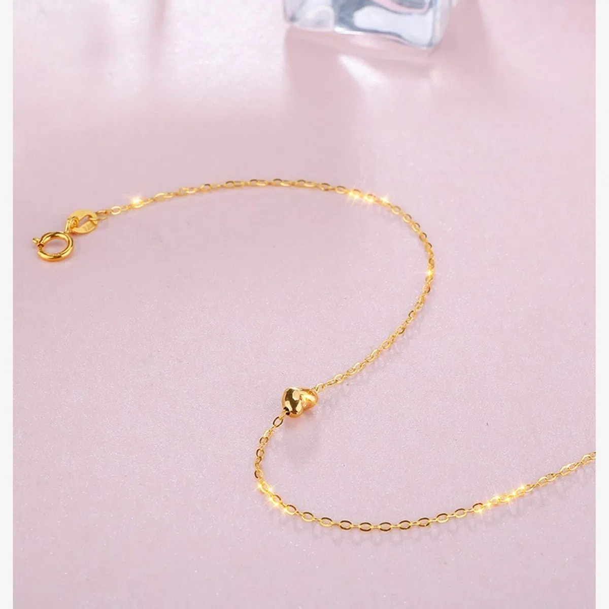 Pulsera de Oro Amarillo con Zafiro para Mujer, Cadena con Dijes de Corazón Pulsera de Mujer 16+2CM