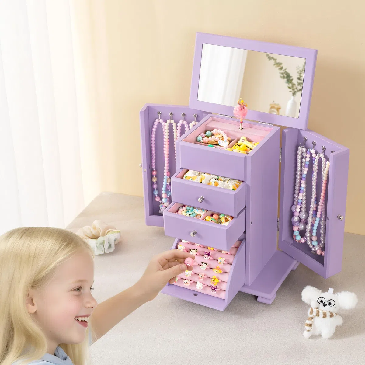 Caja de joyas para niña, 4 niveles, caja de música musical para niña, con bailarina de rotación, gran caja de música infantil de madera para niños, cumpleaños de regalo (púrpura)