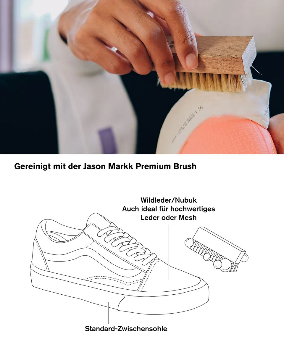 Jason Markk Cepillo de limpieza en juego con espuma de limpieza lista para usar, perfecto para la limpieza de gamuza y otros materiales