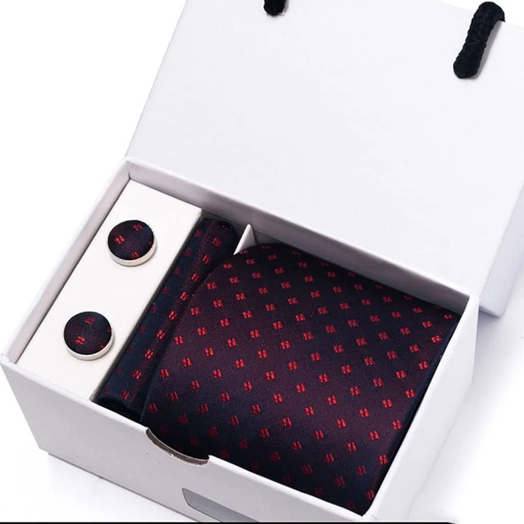 Corbata de Seda Jacquard, Corbata geométrica, Juego de Gemelos y pañuelo, Corbatas para Hombres, Fiesta de Boda de Negocios (Gris Claro, Gris Claro)