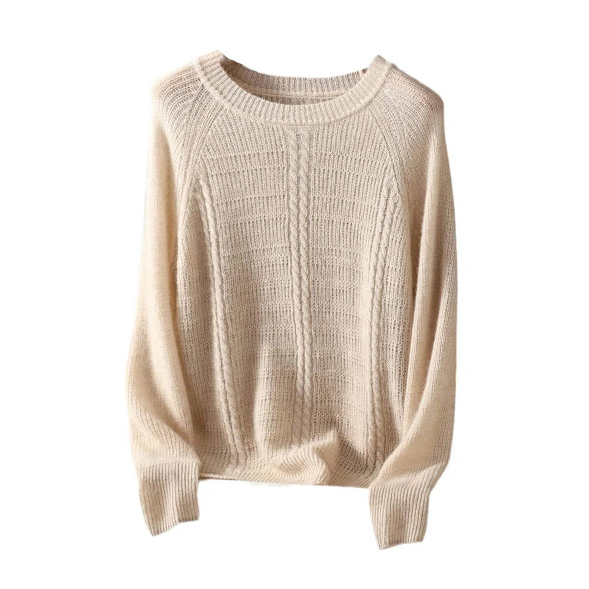 Kelsiop Primavera y otoño 100% suéter de cachemira de las mujeres suéter de cuello redondo casual de punto suelto de moda suéter cálido, beige, M