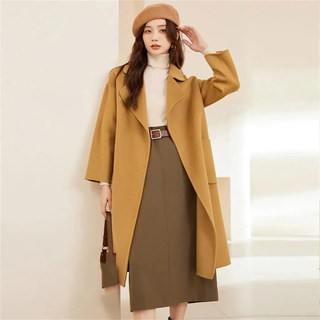 Hdhdeueh Abrigos largos de lana para mujer con cinturón, abrigo de lana sólida de doble cara, gabardina de invierno con solapa, rosso, L