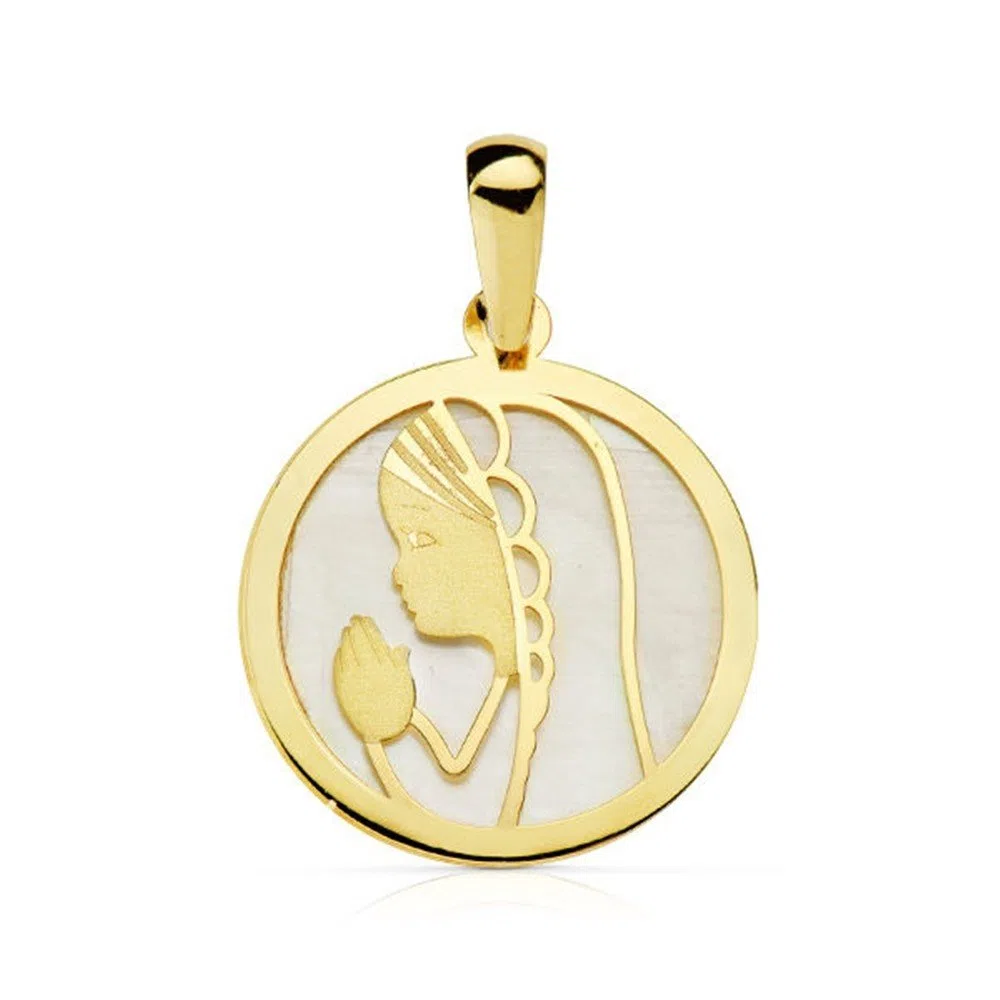 Medalla oro 18k fonde nácar Virgen Niña redonda 17mm. bisel liso