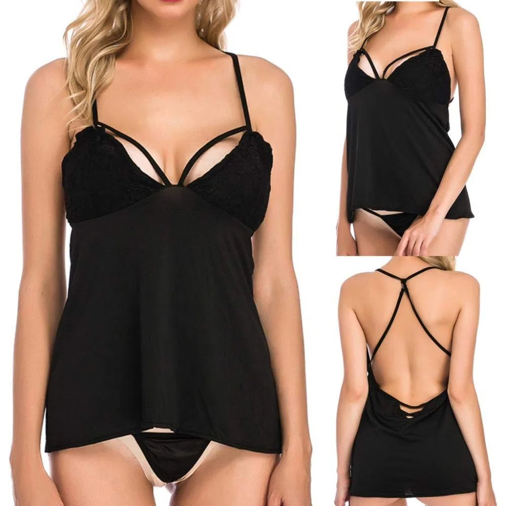 Mujer Sexy Negro con Encaje Sensual Elegante Fina Lenceria para DamaLencería sexy Tallas grandes Camisón para mujer Ropa interior con tirantes sexy Pantalones G-String Ropa de dormir sexy-Black_3XL