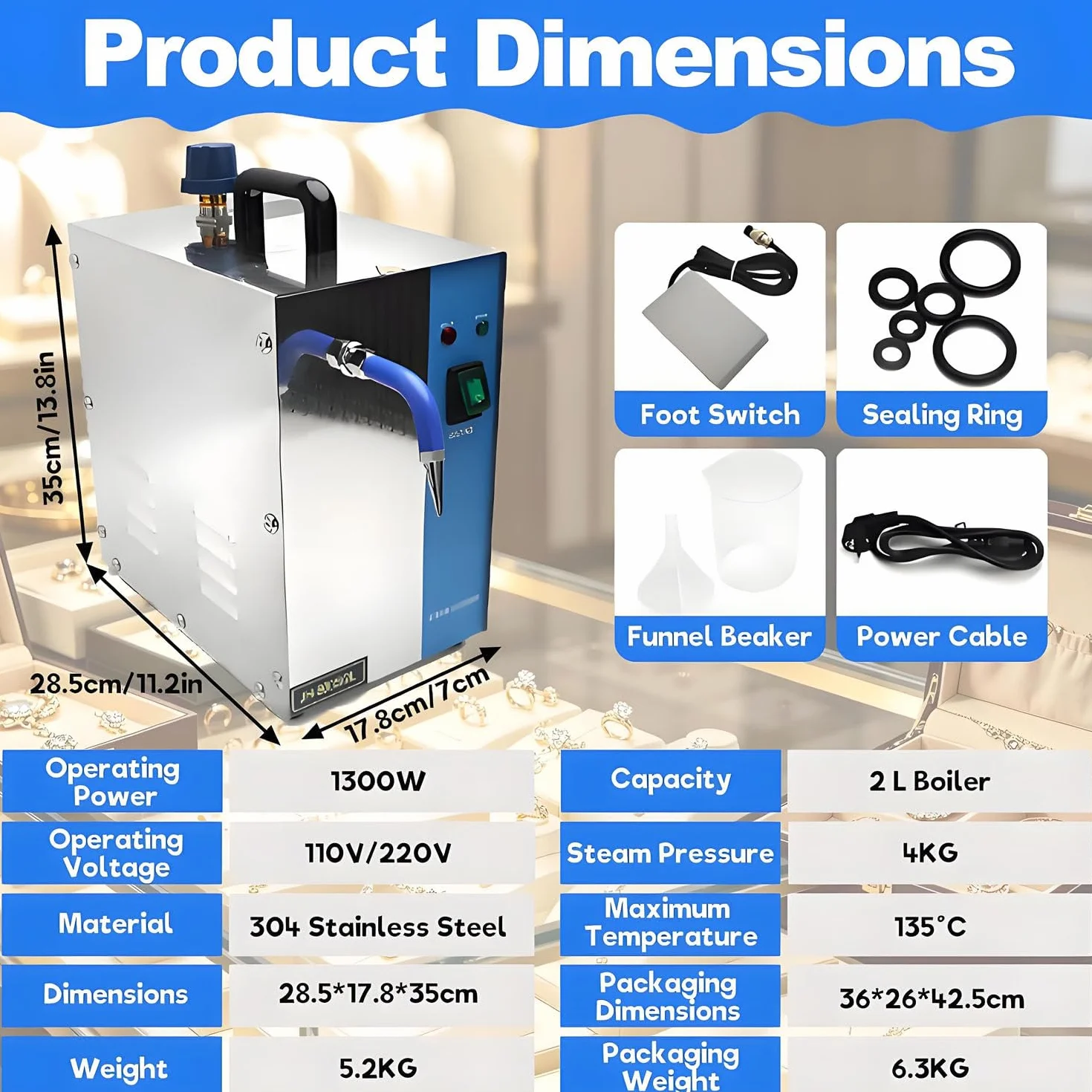 Limpiador de Joyas a Vapor, máquina limpiadora de Joyas a Vapor de Alta presión con Interruptor de Pedal para Joyas de Oro y Plata. 2L