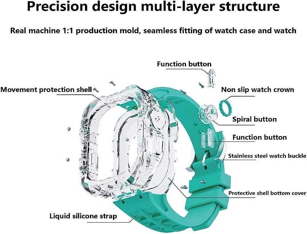 Funda transparente para reloj + correa de silicona líquida, para Apple Watch de 49 mm, estilo RM, funda de protección completa, accesorios de correa deportiva, para hombres y mujeres, serie 8