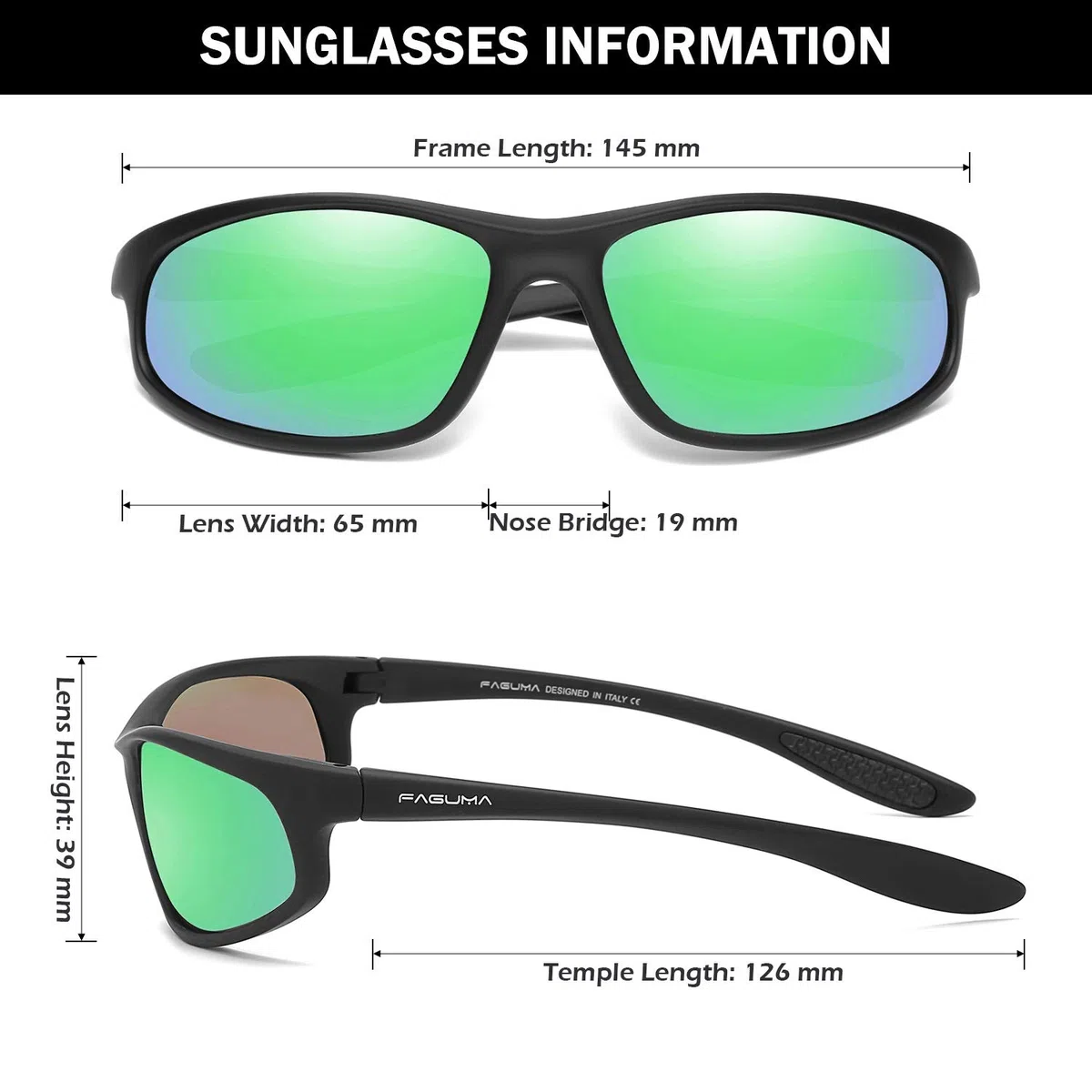 FAGUMA Gafas de sol polarizadas de los deportes para los hombres que conducen la pesca 100% protección ULTRAVI, Marco negro mate/lente de espejo verde.