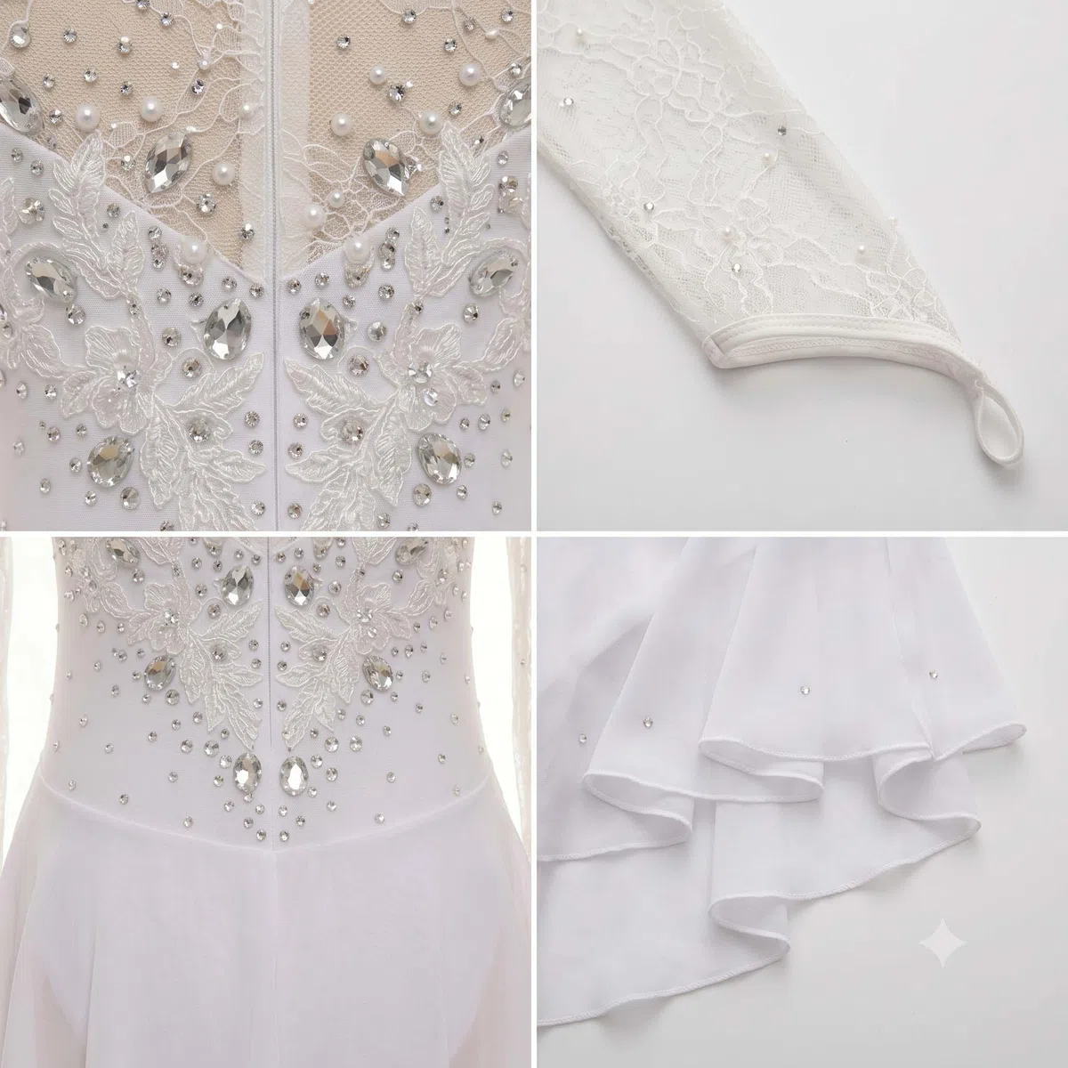 purpleq Vestido de Patinaje Artístico Blanco, Leotardo con Encaje y Pedrería, Traje Elegante Profesional para Competencias de Patinaje sobre Hielo, Danza y Presentaciones