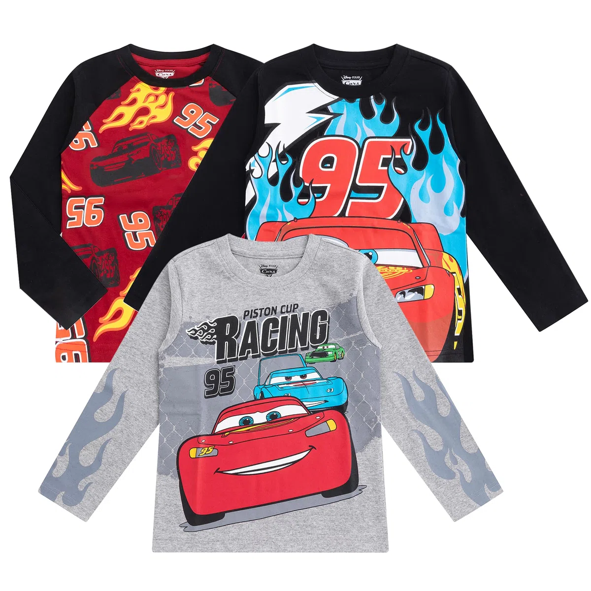 Disney Cars Lightning McQueen - Paquete de 3 camisetas de manga larga para niños pequeños y grandes