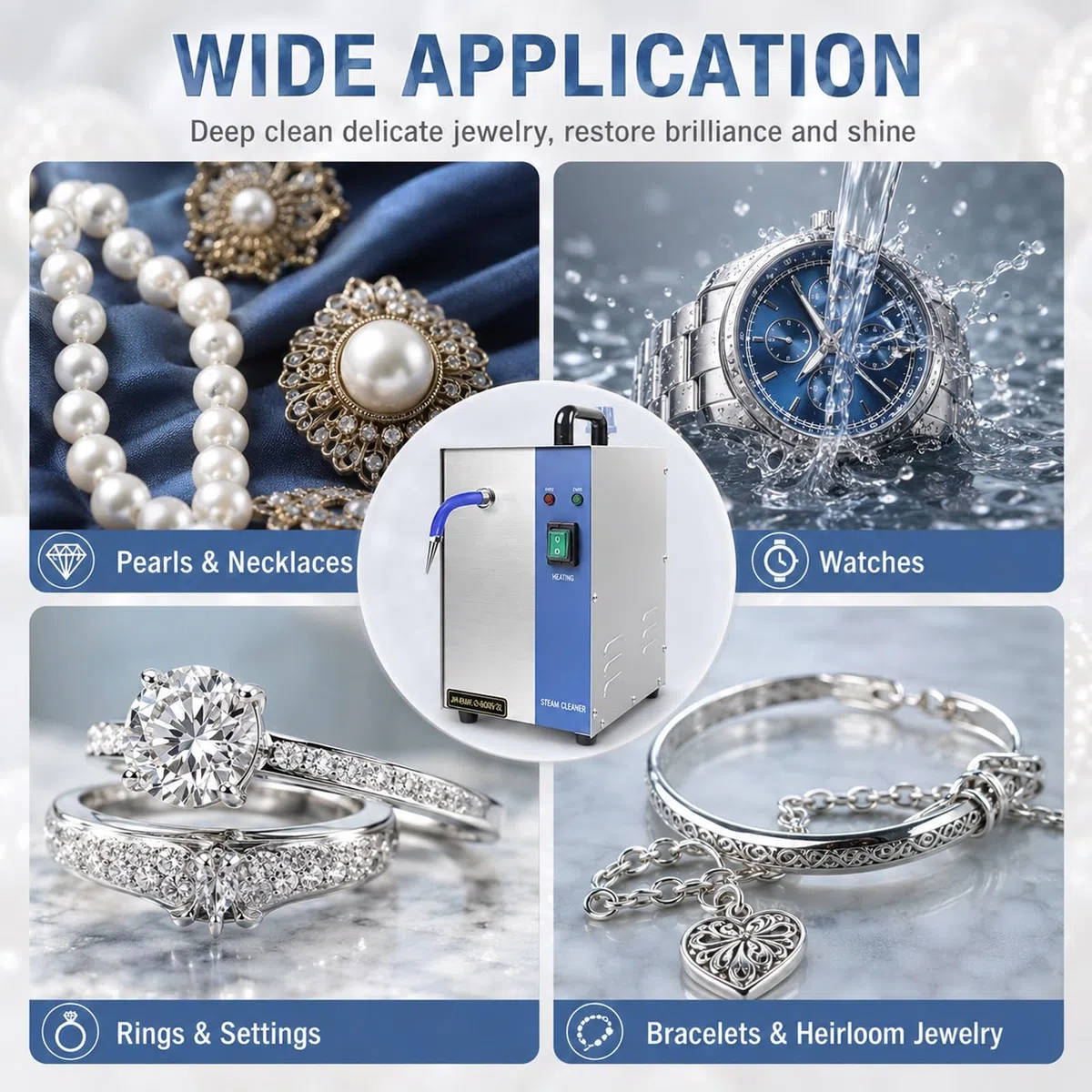 Limpiador de Vapor Eléctrico for Joyas de Acero Inoxidable | Con Pedal, Limpia a Fondo el Oro, Plata, Piedra Preciosa, Adornos de Diamantes y Relojes de Pulsera