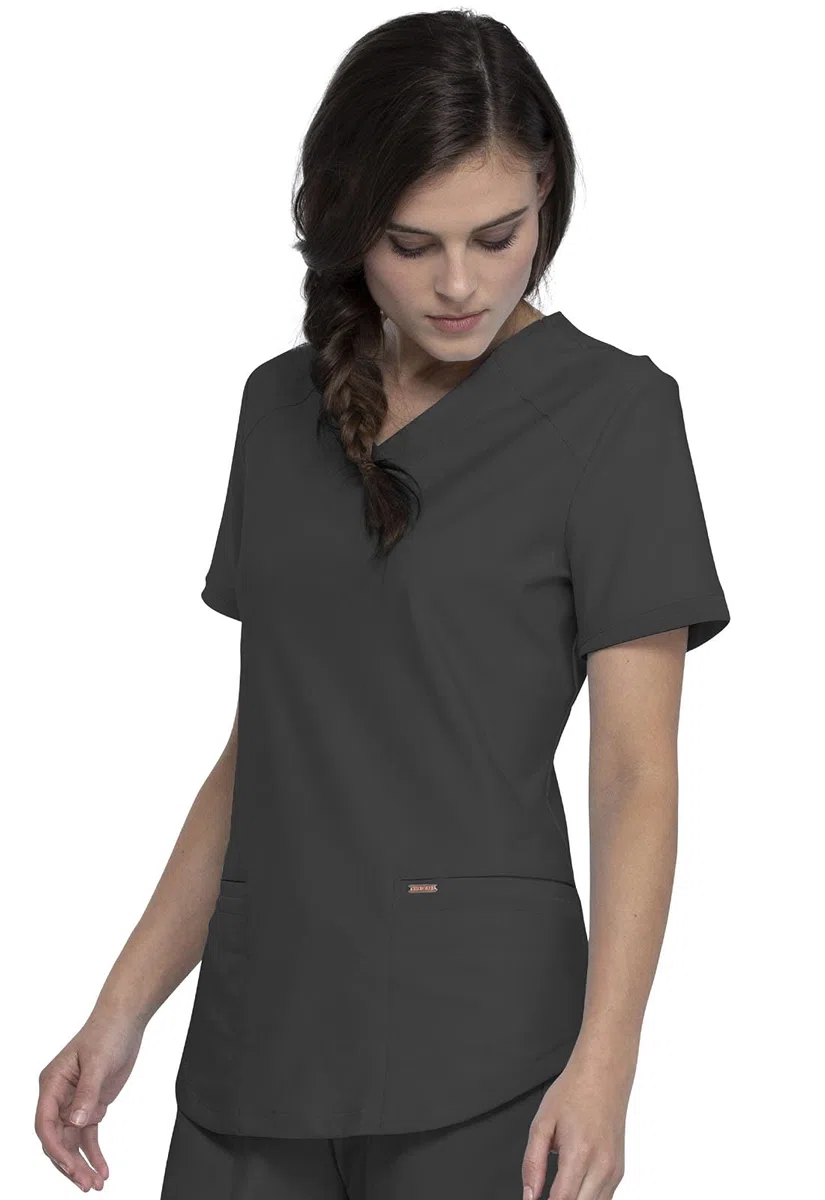 Cherokee Conjunto de uniforme médico para mujer, 7 bolsillos, cuello en V, dobladillo curvado CK840 y pantalón de pierna cónica de tiro medio CK095, peltre, parte superior L/XL pantalón alto