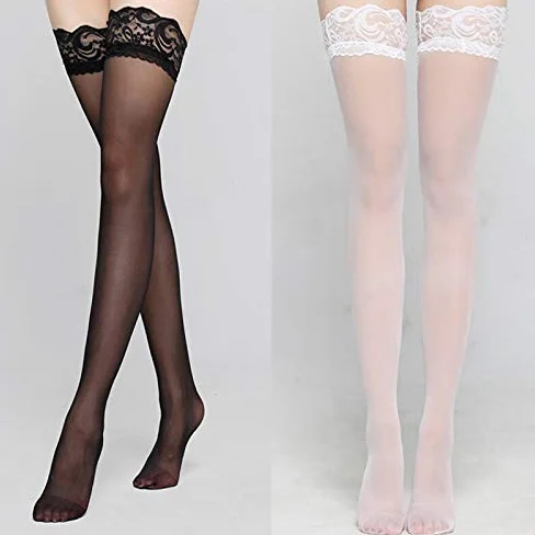 Medias 1 par de Medias Altas hasta el Muslo para Mujer, Calcetines de Verano por Encima de la Rodilla, Medias Sexis de Nailon con Encaje para Mujer, Medias de Talla Grande (Talla única Blanca) (Tall
