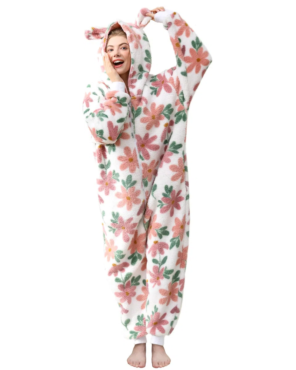 Pijama mullido con capucha para mujer, con cremallera, forro polar cálido, estampado de una pieza, ropa de dormir de invierno, ropa de dormir de Navidad