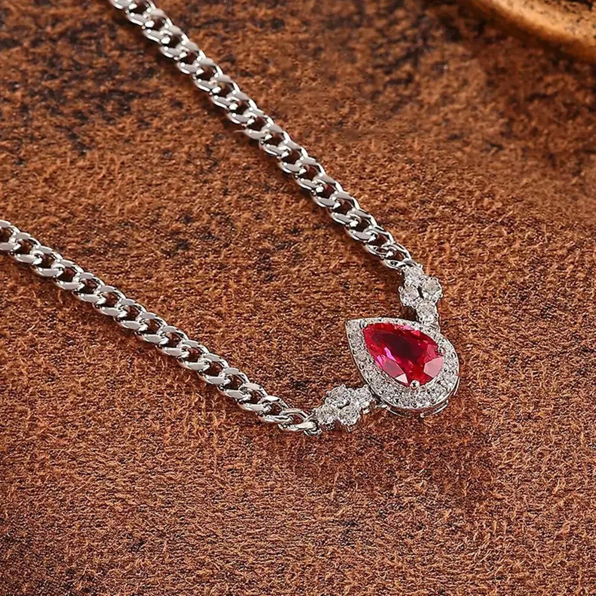 Pulsera Mujer de Oro Blanco de 9Kilates / 14Kilates / 18Kilates, Gota de Agua con Rubí Creado de 1,2 ct y Moissanita, Cadena Extensible 16 CM + 5 CM, Pulseras de Ajustable Mujer Plata Rojo