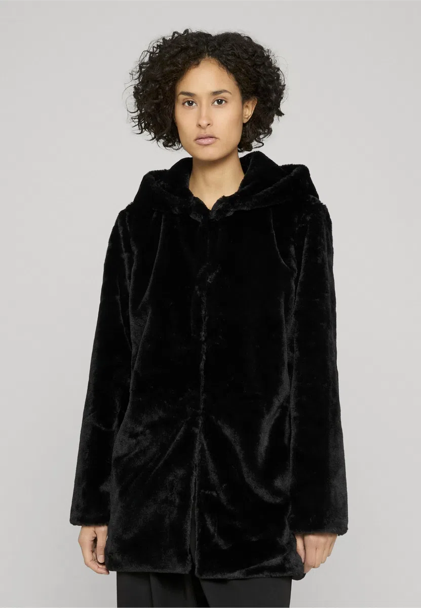 URBAN CLASSICS Abrigo de Pelo Sintético para Mujer con Capucha Grande, Chaqueta con Bolsillos Laterales y Cierre de Ojal, Tallas XS a 5XL