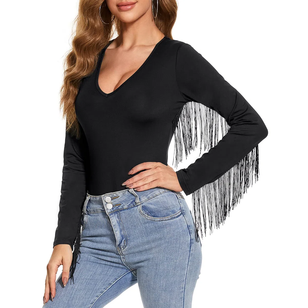 American Trends Body de manga larga con cuello en V y ribete de flecos para mujer, traje de concierto, vaquera, discoteca, overol de leotardo, negro, talla XL, Negro, XL