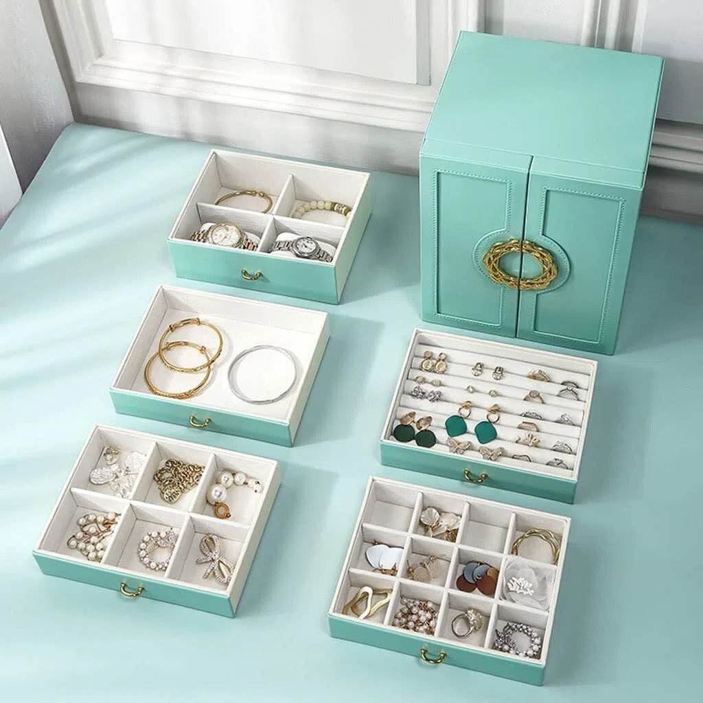 Joyero Organizador con 5 cajones y Puertas Dobles, Estuche de Cuero para Guardar Anillos, Pendientes, Collares y Relojes.