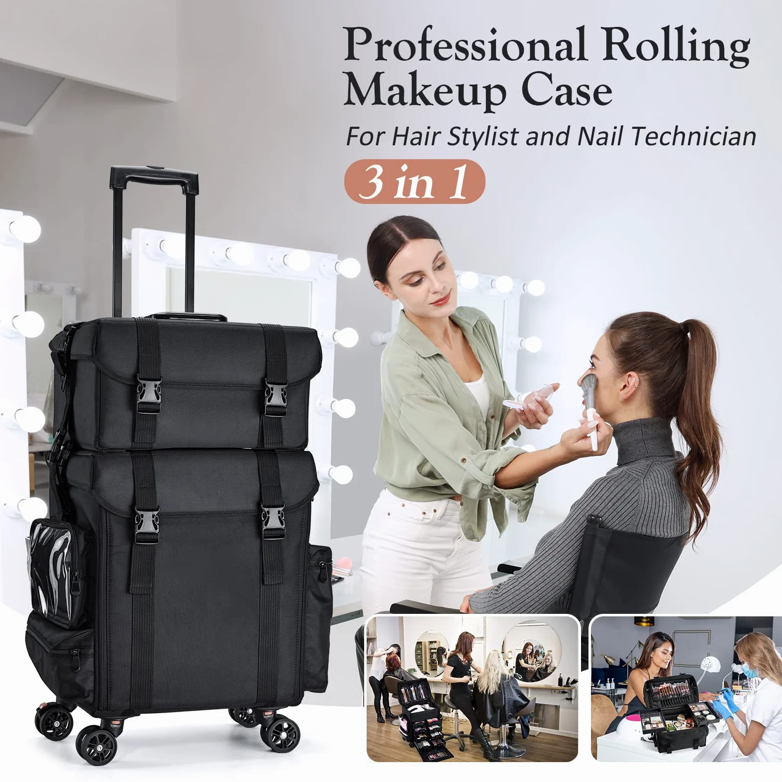 Maleta Maquillaje Profesional 2 en 1 Maletin Maquillaje con 8 cajones Maleta Cosmético Trolley Maquillaje con Ruedas Caja de Maquillaje Maletín de Uñas, Negro