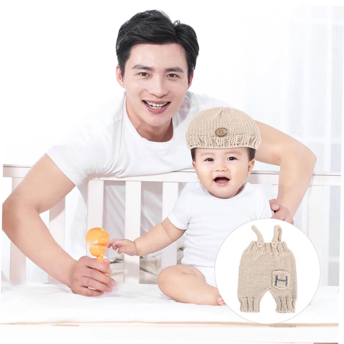 SHERCHPRY Accesorios De Fotografía De Bebé Disfraz De Recien Nacido Gorro Tejido Bebe Tirantes Traje De Sesión De Fotos De Tirantes Traje De Recién Nacido Para Niño Acrílico Beige