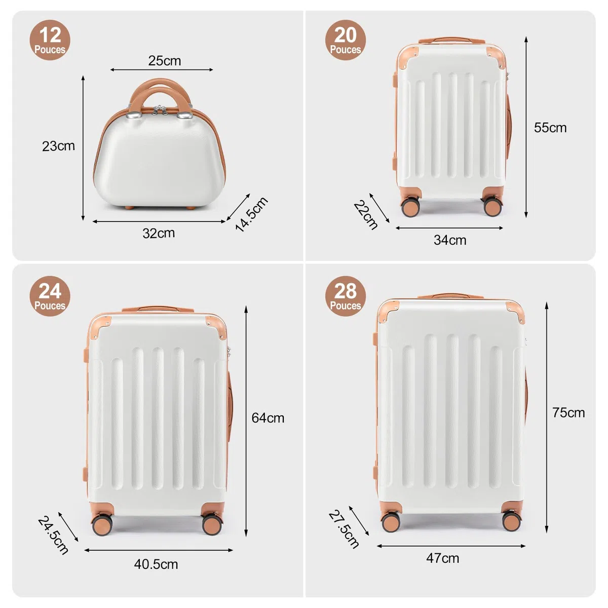 LEADZM Juego de Maletas de 4 Piezas con Neceser (Beige-Marrón) | Maletas de Viaje Grandes 23 Kilos, Maleta Cabina con Refuerzos de Esquina, Mediana, Maleta de Viaje