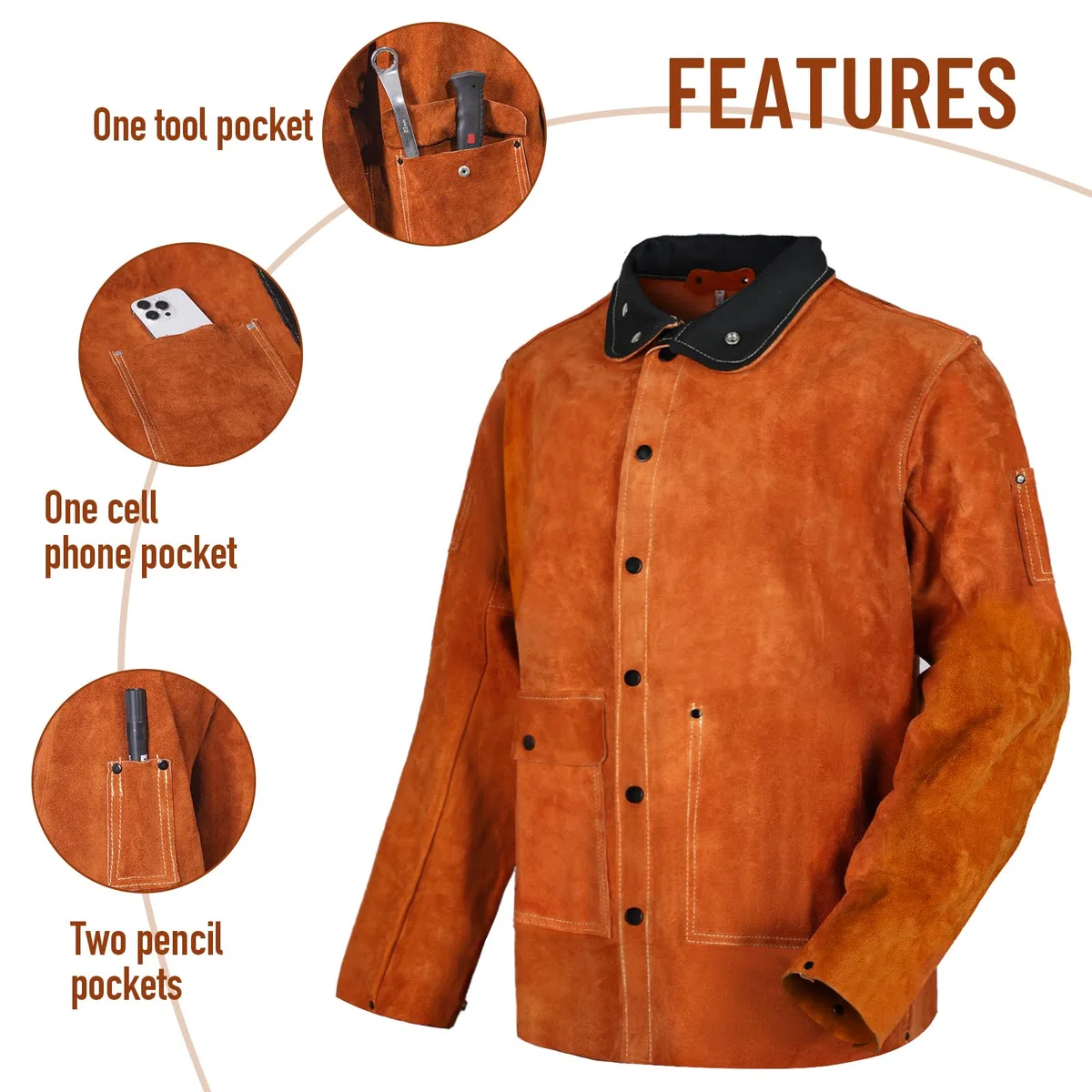 QeeLink Chaqueta de Trabajo de Soldadura de Cuero, Chaqueta para Soldador Ignifuga Robusto, Ropa Cuero Soldadura Cazadora Soldador para Hombre Mujere