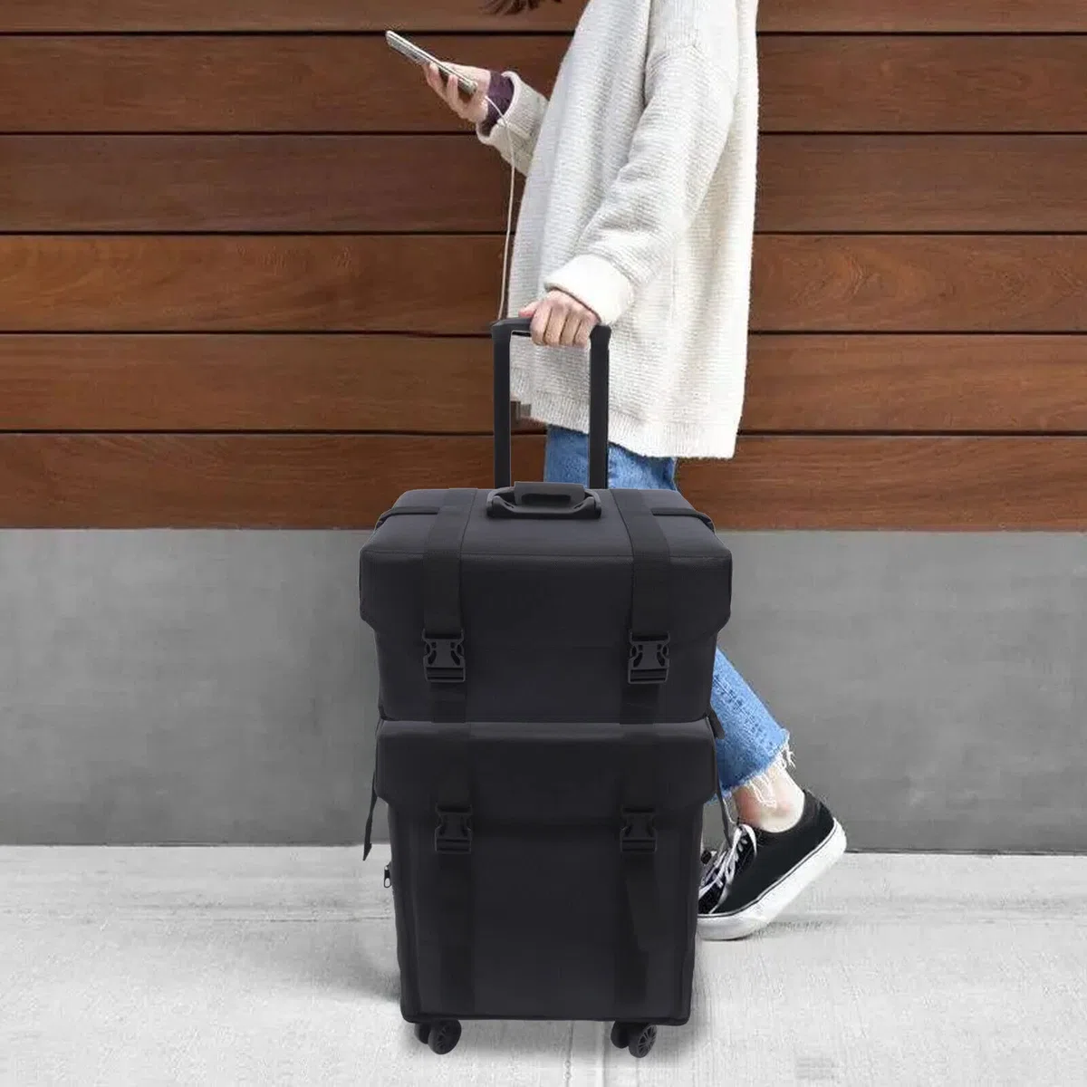Maleta de maquillaje con cajones de almacenamiento y ruedas omnidireccionales 2 en 1 para viajes material de nailon estuche de belleza maletín de viaje maletín de peluquería maletín cosmético