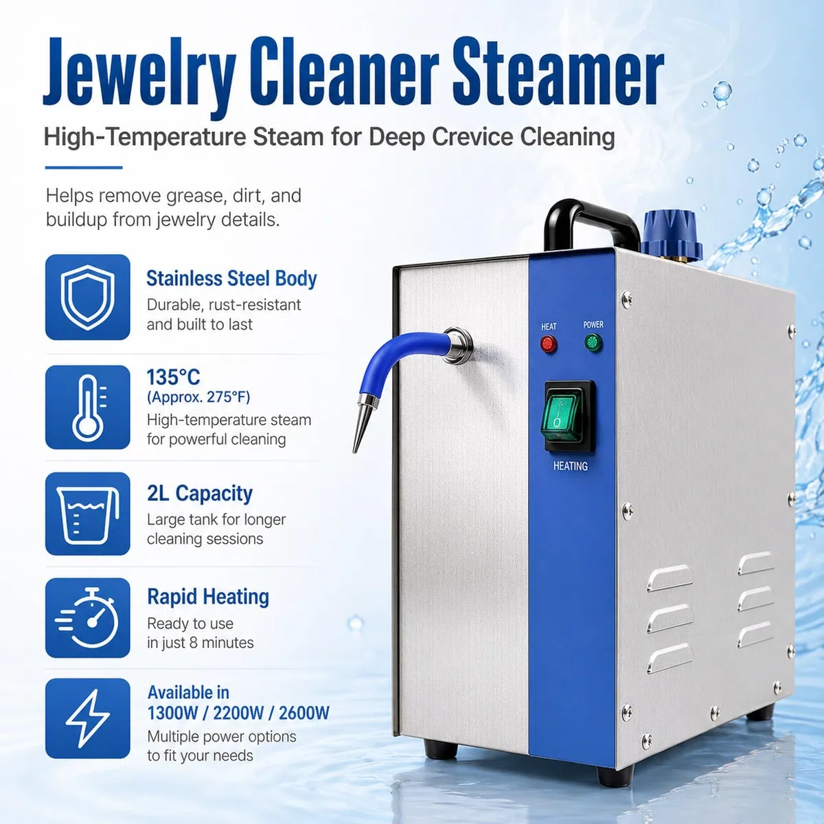 Limpiador de Vapor Eléctrico for Joyas de Acero Inoxidable | Con Pedal, Limpia a Fondo el Oro, Plata, Piedra Preciosa, Adornos de Diamantes y Relojes de Pulsera