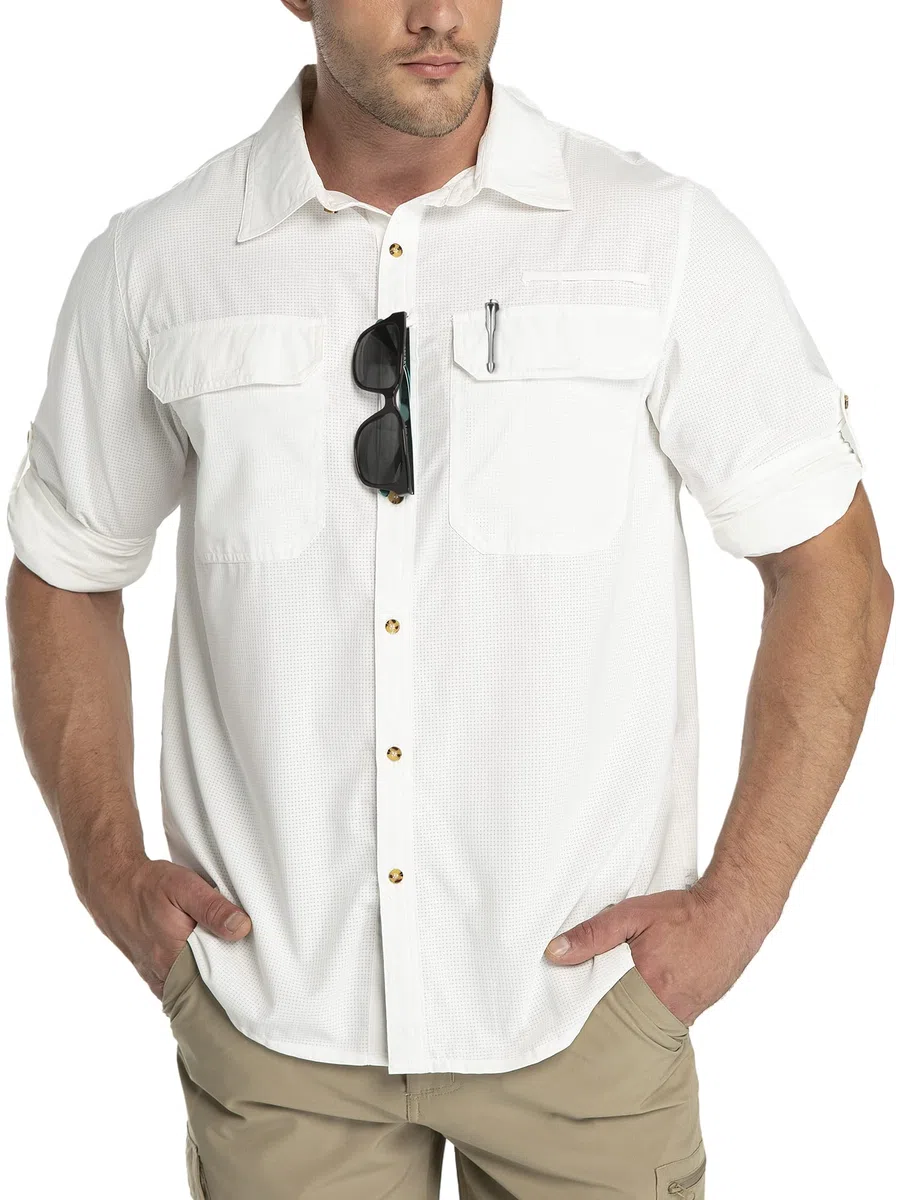 Outdoor Ventures Camisa de manga larga para hombre, camisa funcional para exteriores, de secado rápido, informal, transpirable, Blanco, XL