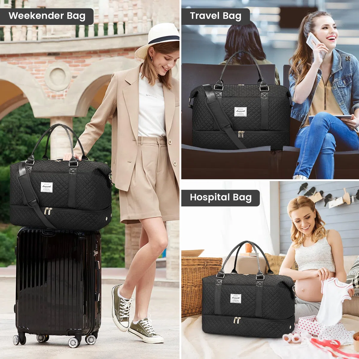 LOVEVOOK Bolsa de Viaje Mujer Bolsa Deporte Mujer Grande Maletas de Cabina Avion Travel Duffle Bag Bolso Maternidad Hospital Equipaje de Mano con Neceser Organizador para Viaje Gym Playa Sauna