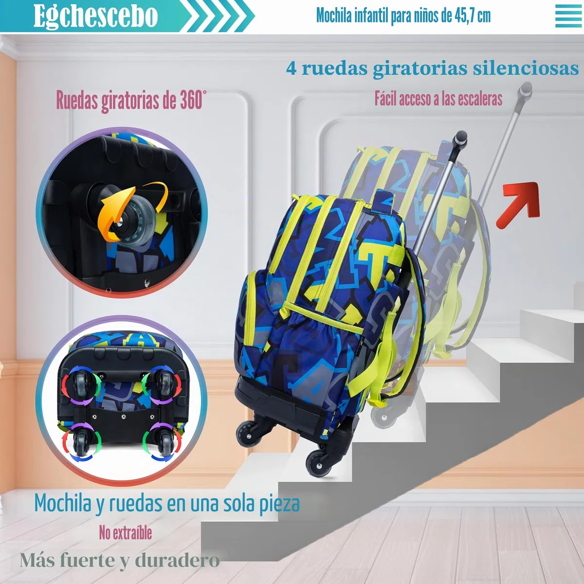 Mochilas Escolares con Ruedas Carro Niño Rodillos Giratorios Carrito para Escolar Bolso de Viaje Estuche Stitch Chicos 17" 3PCS Maleta Colegio Grande Infantil Niños Alfabeto Amarillo