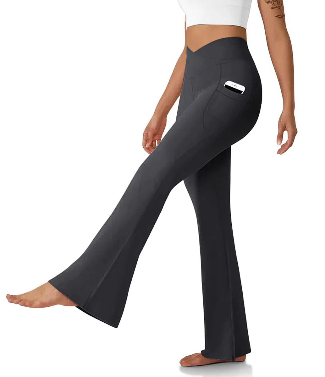 DLOODA Leggings acampanados para mujer con bolsillos, cintura alta, corte de bota, pantalones de yoga con control de abdomen, leggings acampanados