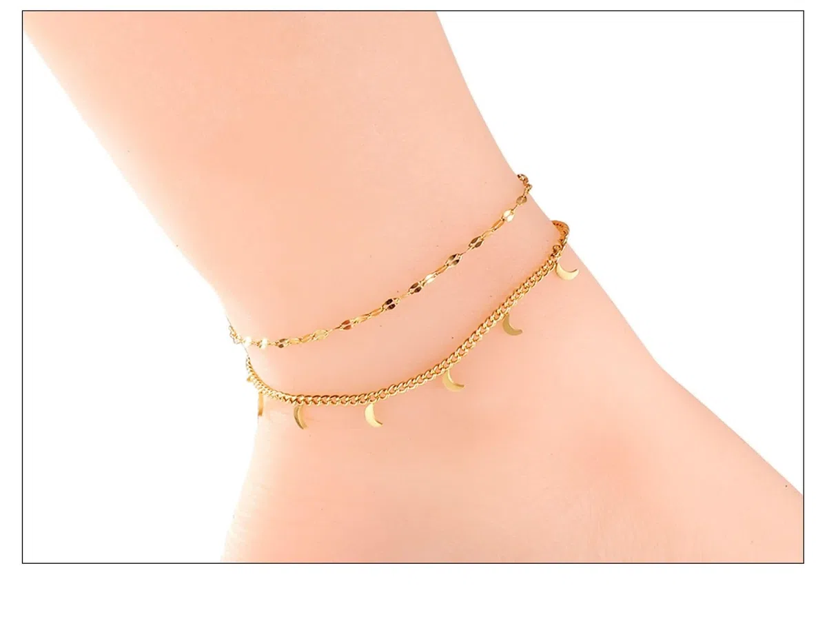 585 oro pie joyas mujer 26 cm, oro amarillo de 14 K, doble cadena con mood tocado boho verano descalzo playa joyas para mujer