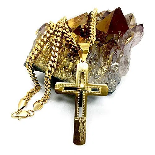 Collar con colgante de cruz de oro de 18 quilates para hombre, esposo de 18 quilates con cierre sólido sólido Miami, eslabones cubanos religiosos, borde biselado religioso