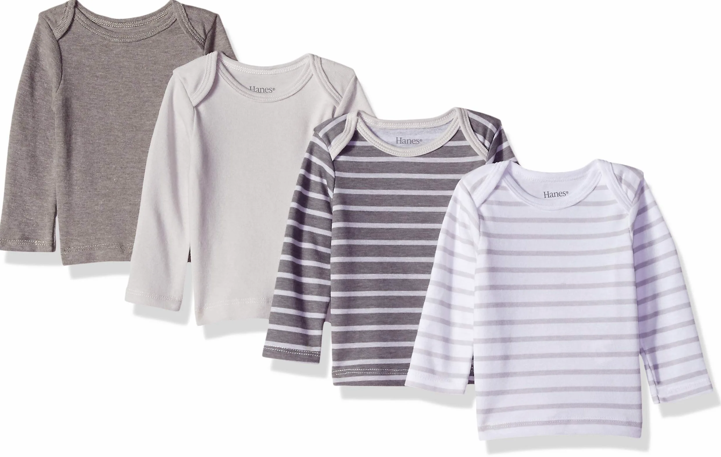 Hanes Camiseta unisex de manga larga para bebé, camiseta de punto flexible definitiva para niños y niñas, paquete de 4, Gris/Blanco (Grey/White/Stripes), 12 -18 meses