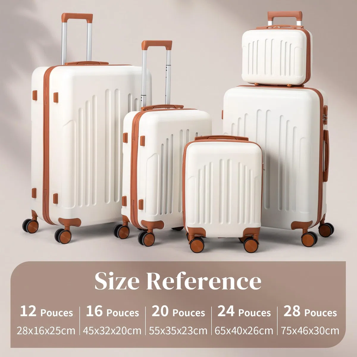LEADZM Juego de Maletas de 5 Piezas con Neceser (Beige-Marrón) | Maletas de Viaje Grandes 23 Kilos, Maleta Cabina, Mediana, Maleta de Viaje