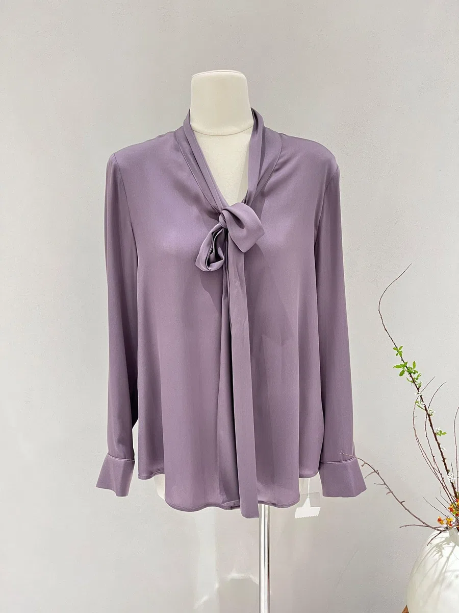Blusa de Seda de Manga Larga con Nudo para Mujer
