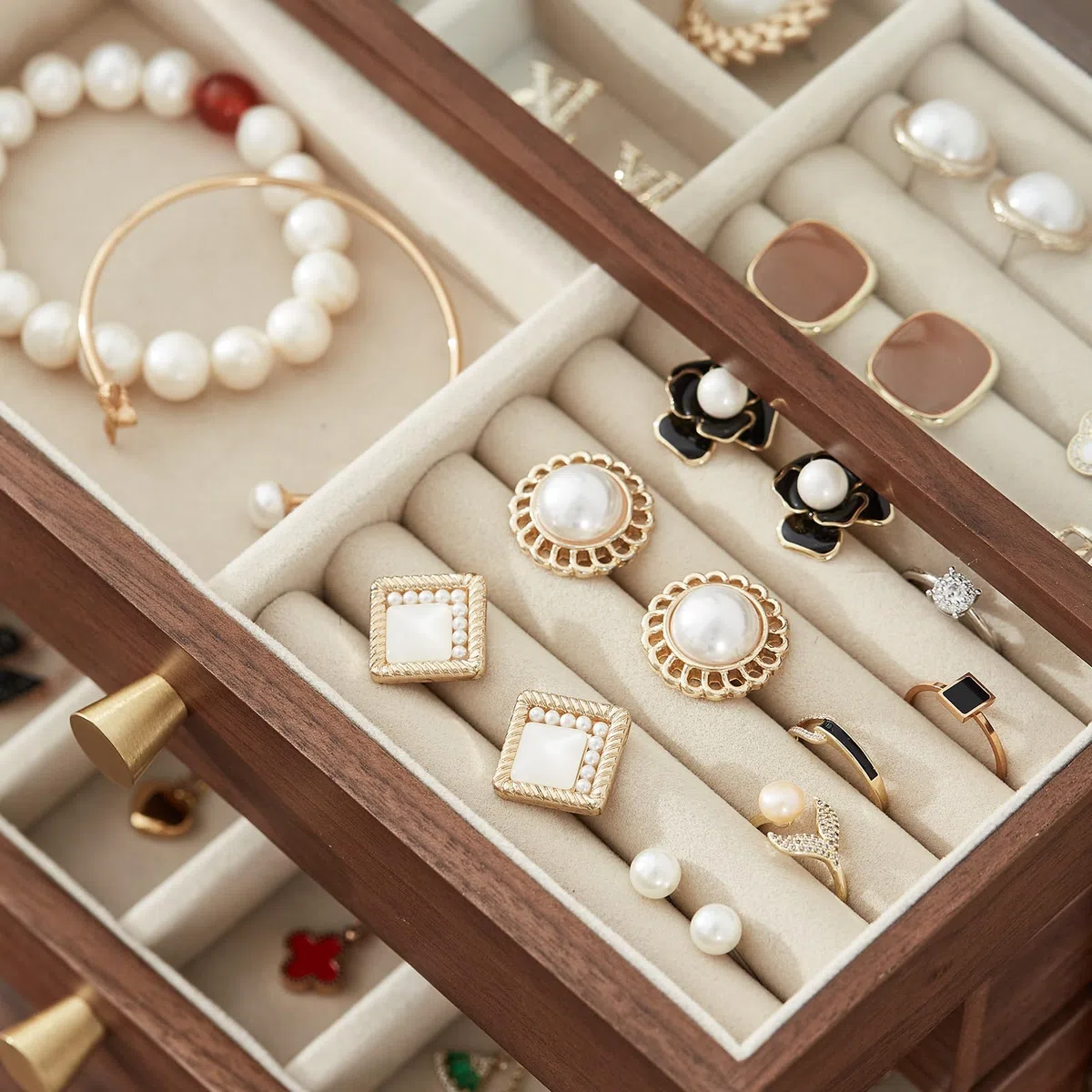 Joyero de madera de nogal negro, organizador grande de 4 cajones con tapa de cristal para guardar collares, relojes, anillos y pendientes, Regalo para Ella